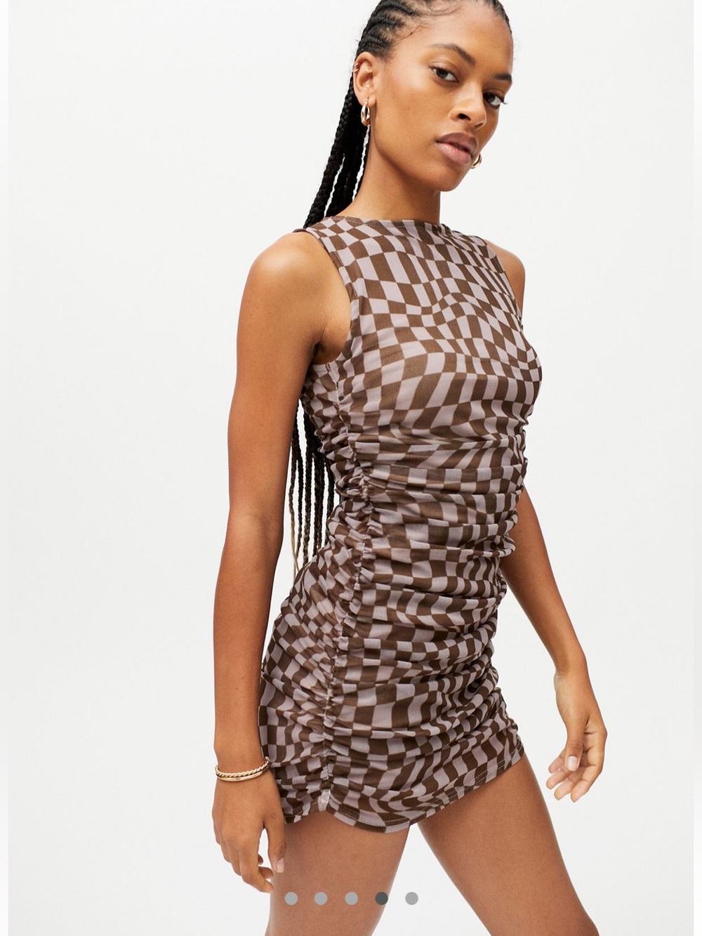 Urban Outfitters Sleeveless Brown Checkered Ruched Mesh Mini Dress